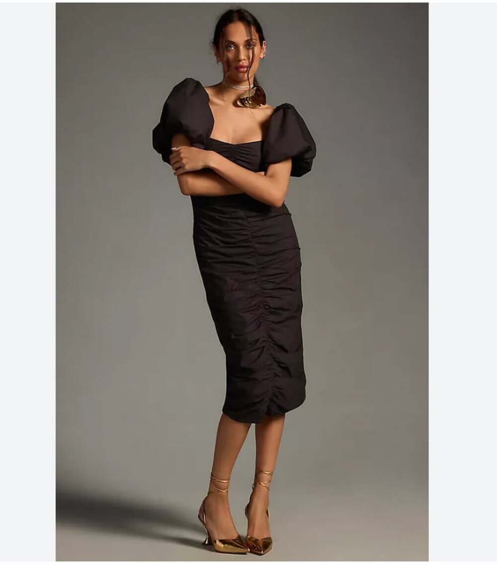RHODE Tessa Dress Womens 6 Black Ruched Puff Sleeve Square Neck Sheath Midi